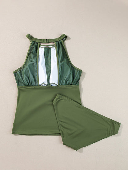 Green Mesh Ruched Tankini with High Neck Plunge