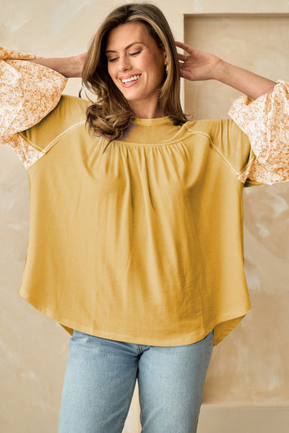 Floral Print Beige Colorblock Balloon Sleeve Top with Exposed Seams