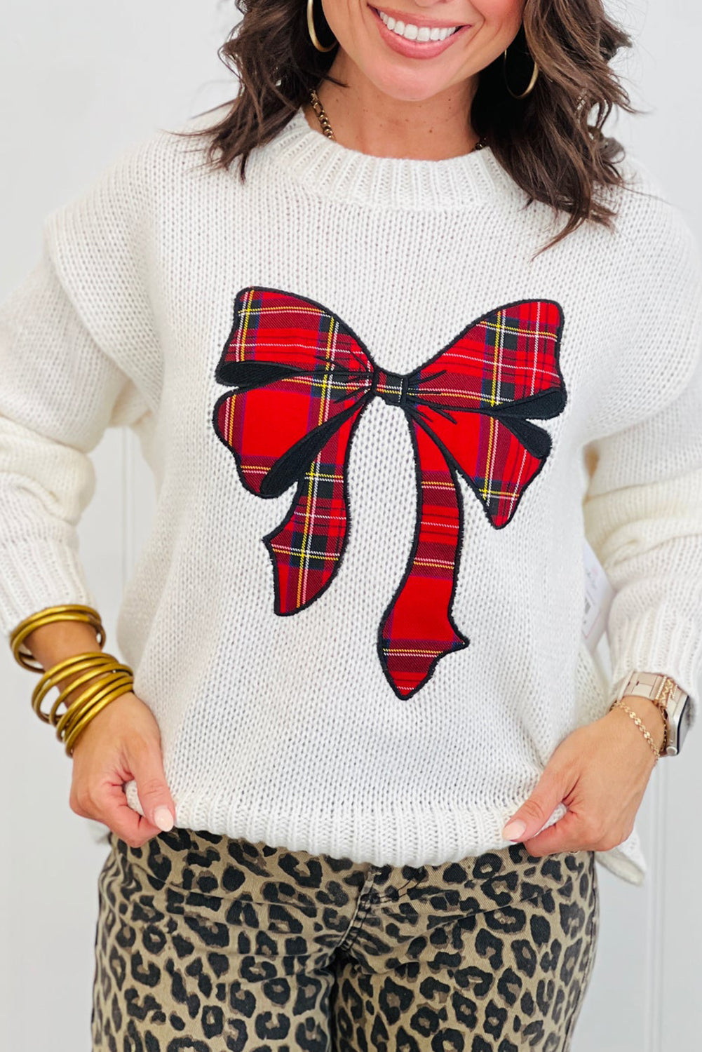 White Festive Plaid Bow Graphic Drop Shoulder Loose Sweater