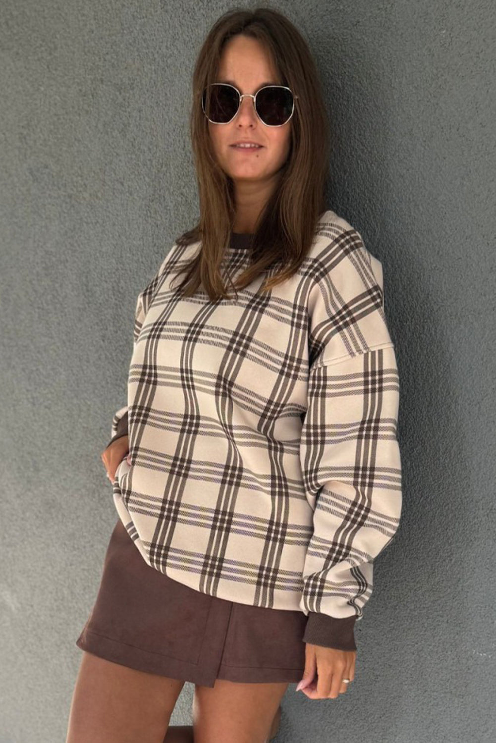Parchment Plaid Loose Pullover Sweatshirt