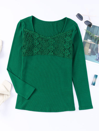 Green Floral Lace V Neck Long Sleeve Top