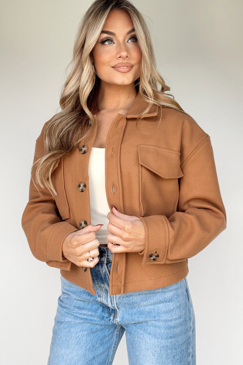 Camel Big Flap Pockets Chunky Boxy Fit Chic Jacket