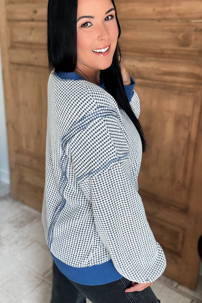 Blue Plus Size Round Neck Textured Knit Exposed Seam Drop Shoulder Sweatshirt