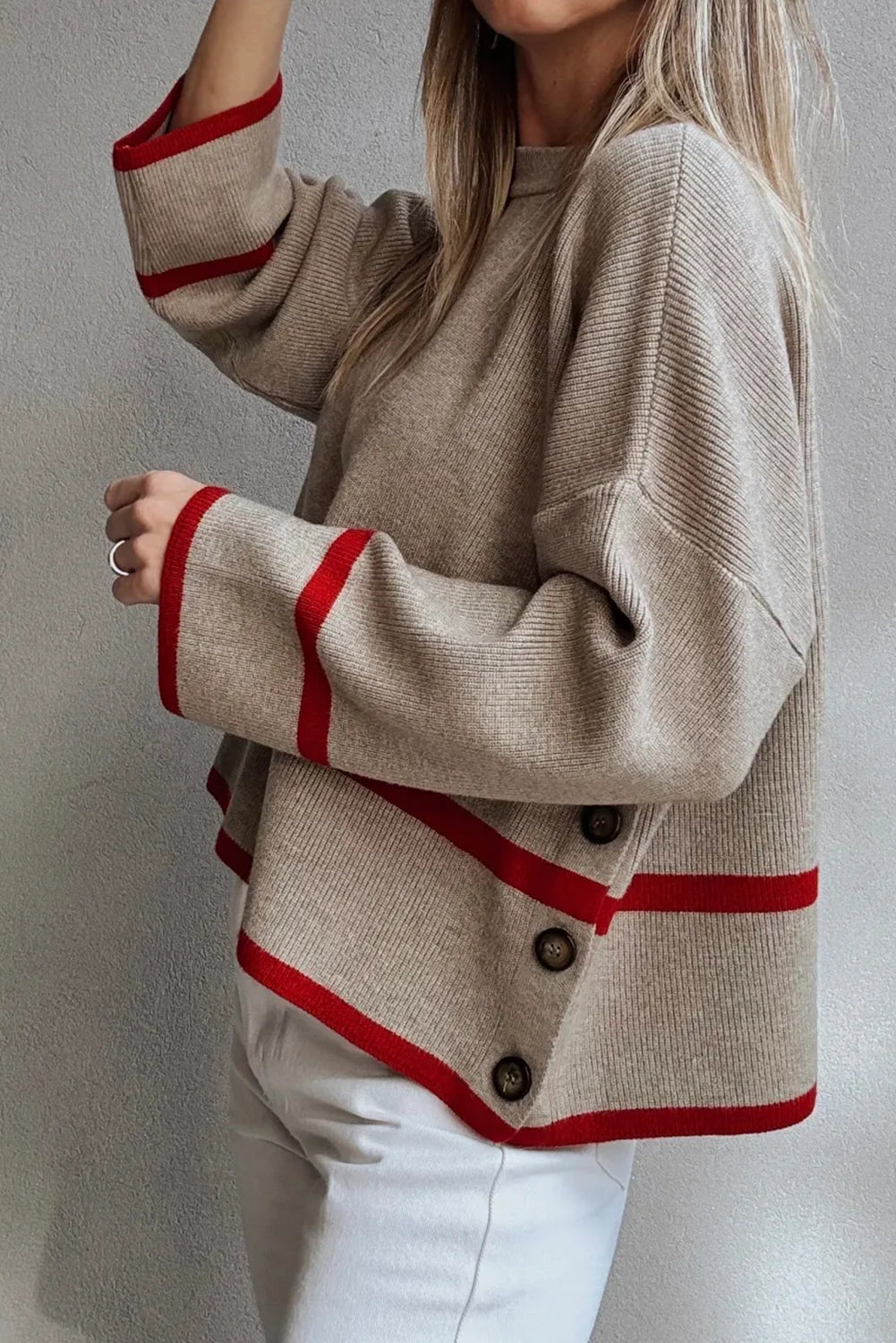 Simply Taupe Ribbed Knit Contrasted Stripe Detail Button Side Loose Sweater