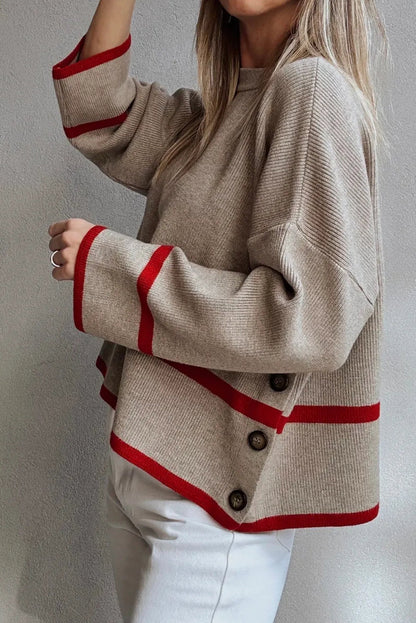 Simply Taupe Ribbed Knit Contrasted Stripe Detail Button Side Loose Sweater