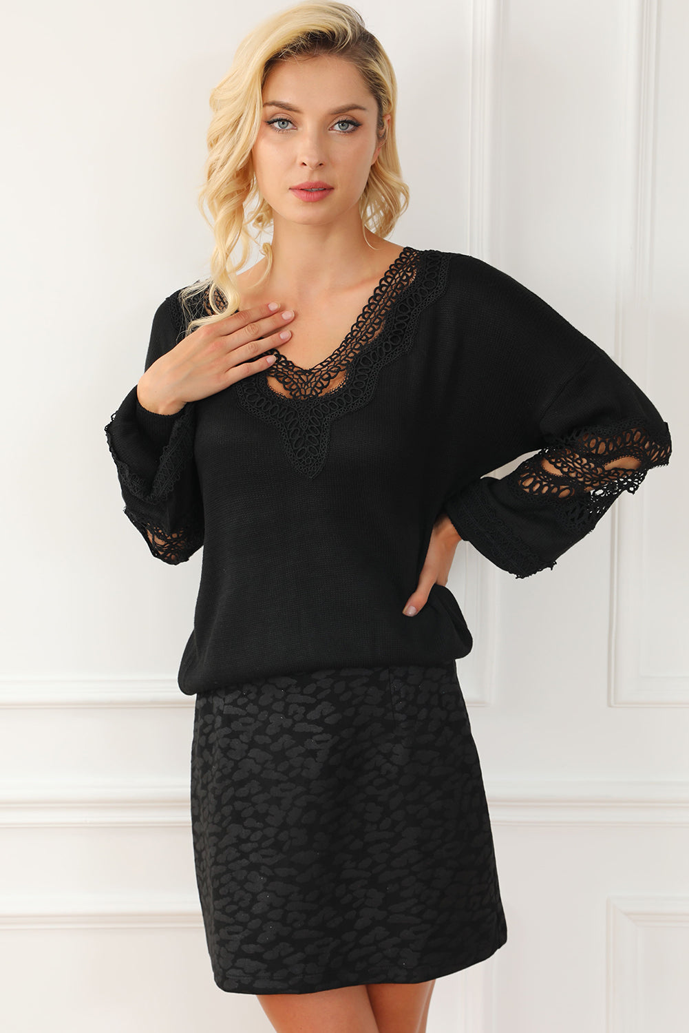 Elegant Black Lace V-Neck Knit Sweater with Hollow Details
