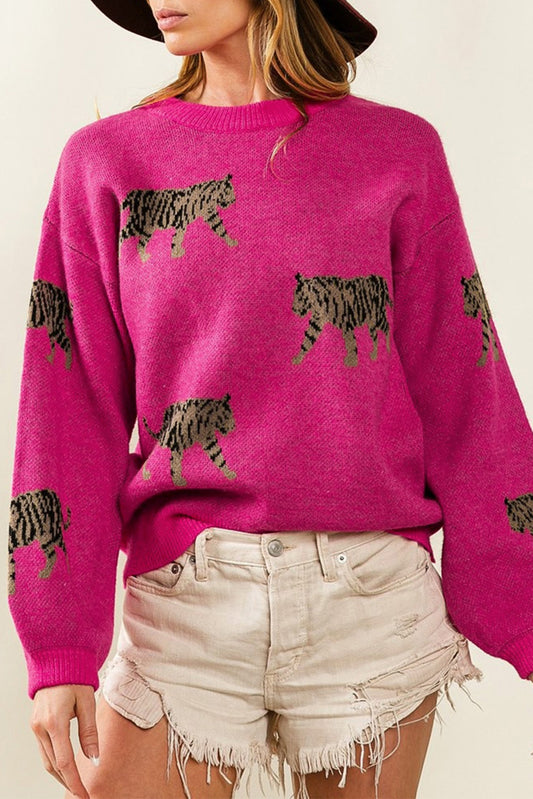 Fierce Leopard Print Rose Red Knit Sweater for Casual Chic