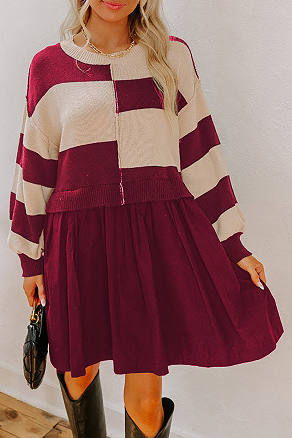 Red Stripe Two in One Knitted Top High Waist Splicing Hem Sweater Dress