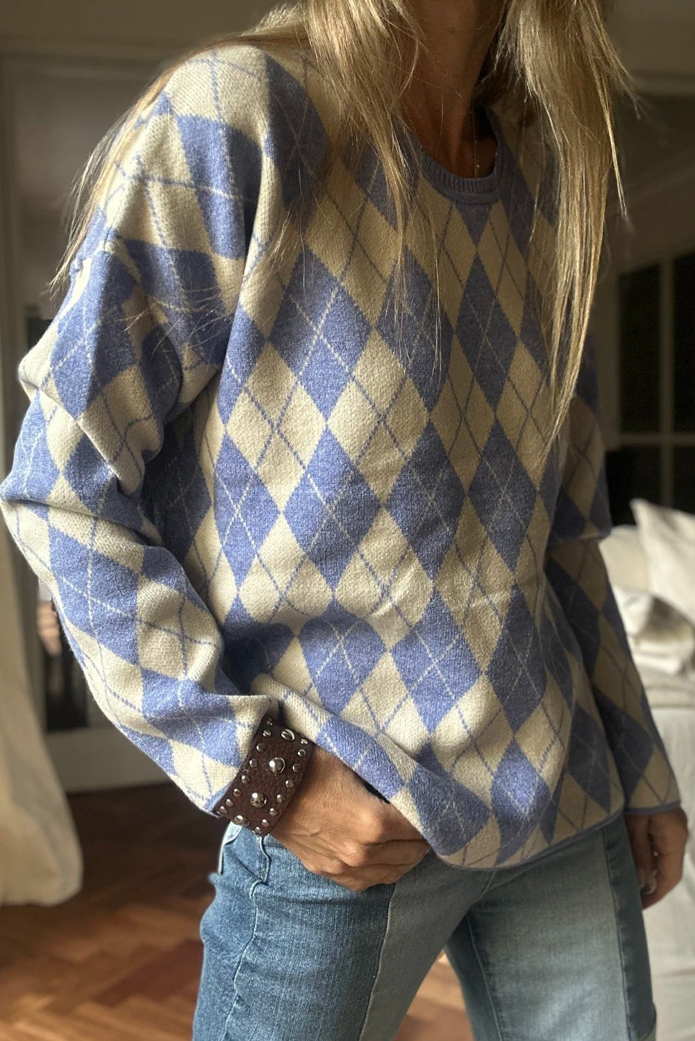 Purple Checkered Colorblock Round Neck Sweater Top