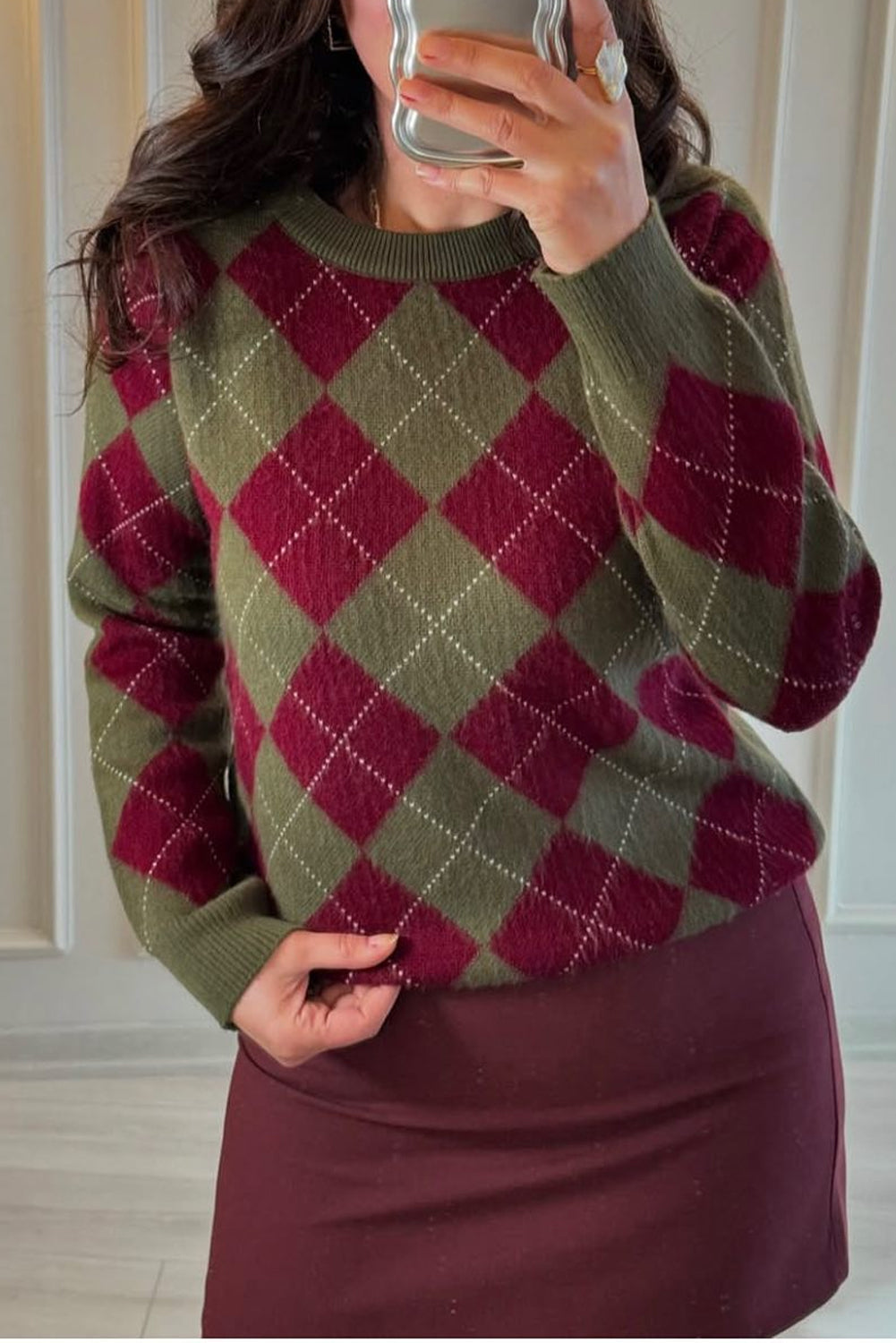 Green Vintage Argyle Knit Round Neck Sweater