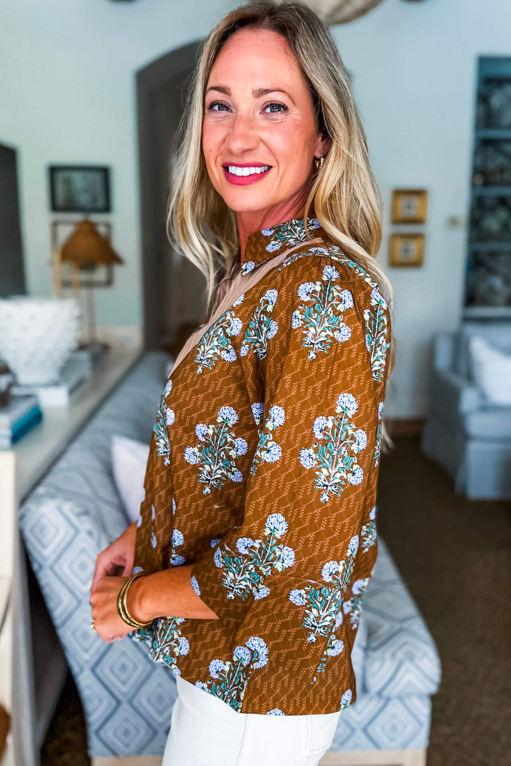 Brown Floral Print 3/4 Sleeve Contrast V Neck Patchwork Blouse