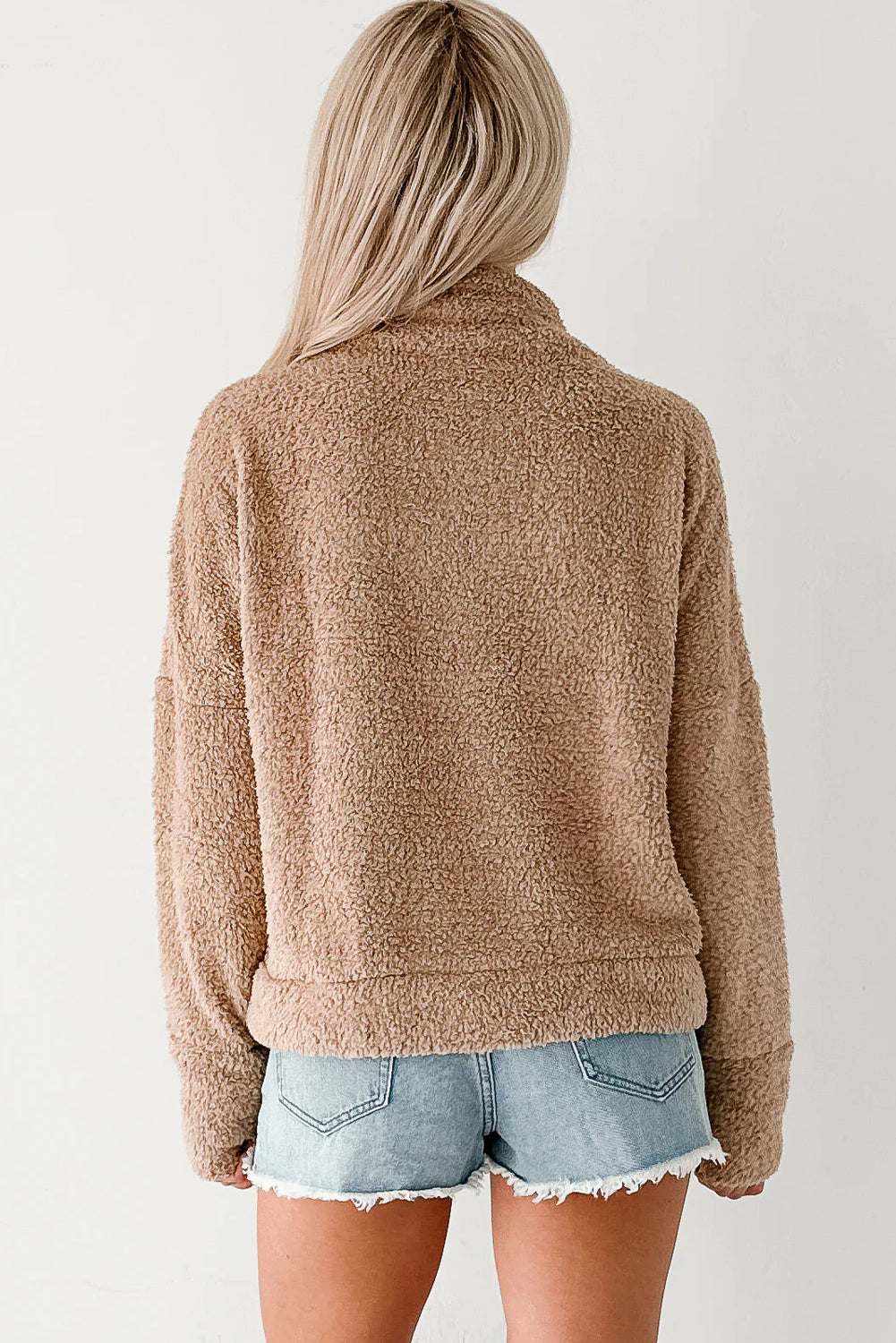 Camel High Neck Drop Shoulder Fuzzy Knit Sweater