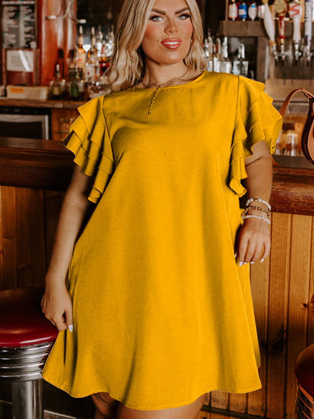 Tiered Ruffled Sleeve Grapefruit Orange Plus Size Dress for Parties and Beyond