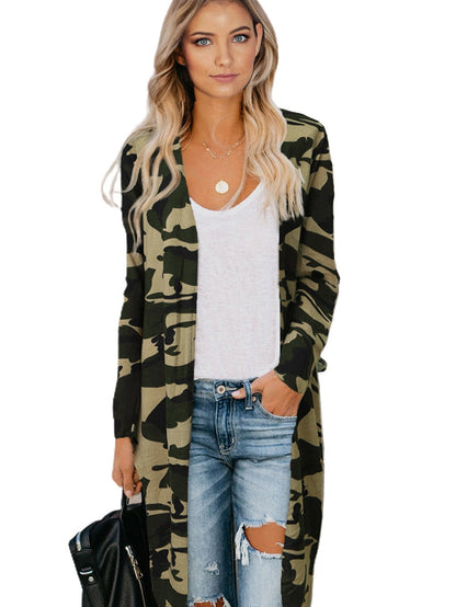 Green Camo Print V-Neck Cardigan