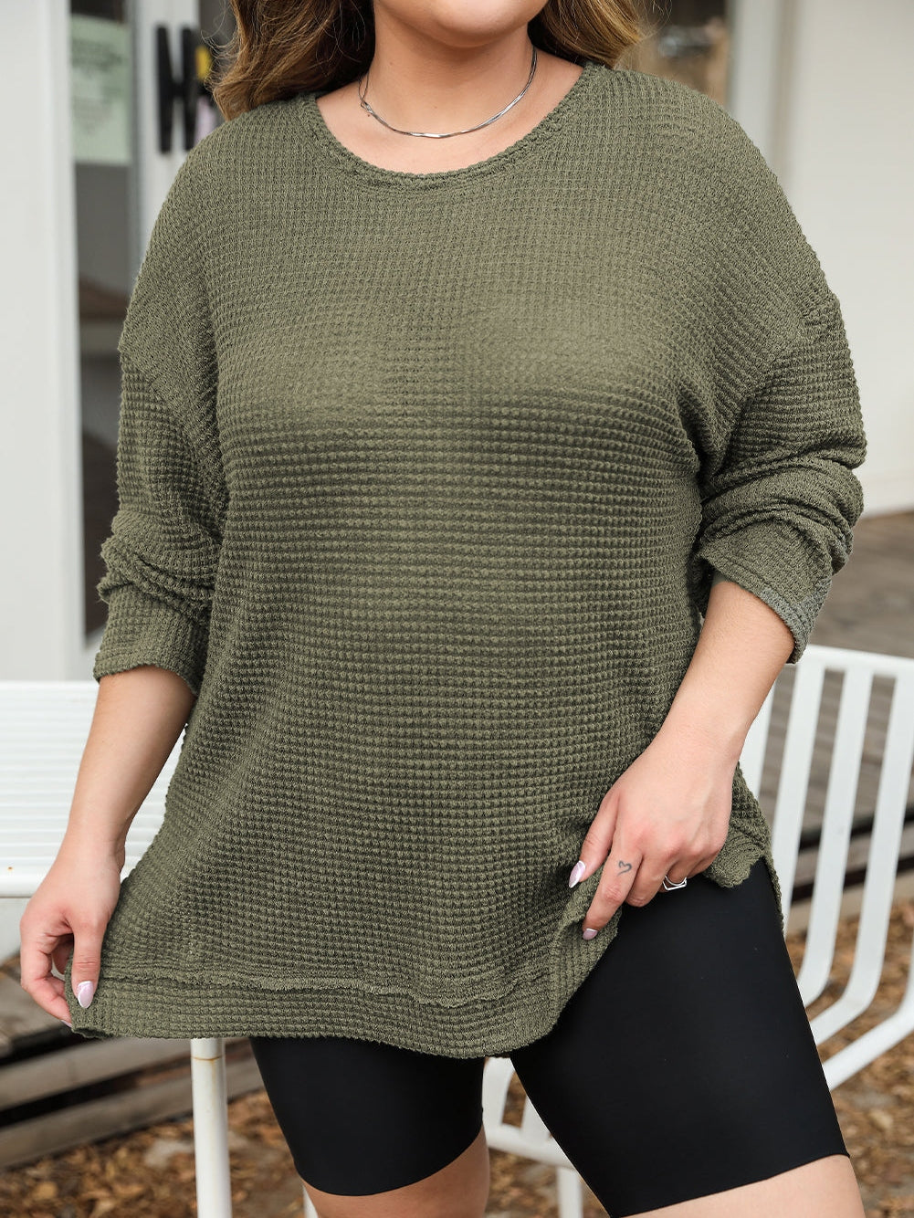 Textured Moss Green Plus Size Waffle Knit Top with Long Sleeves