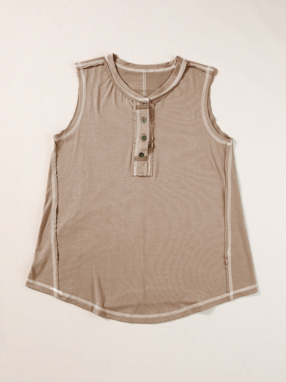 French Beige Henley Tank Top with Chic Contrast Stitching