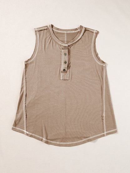 French Beige Henley Tank Top with Chic Contrast Stitching