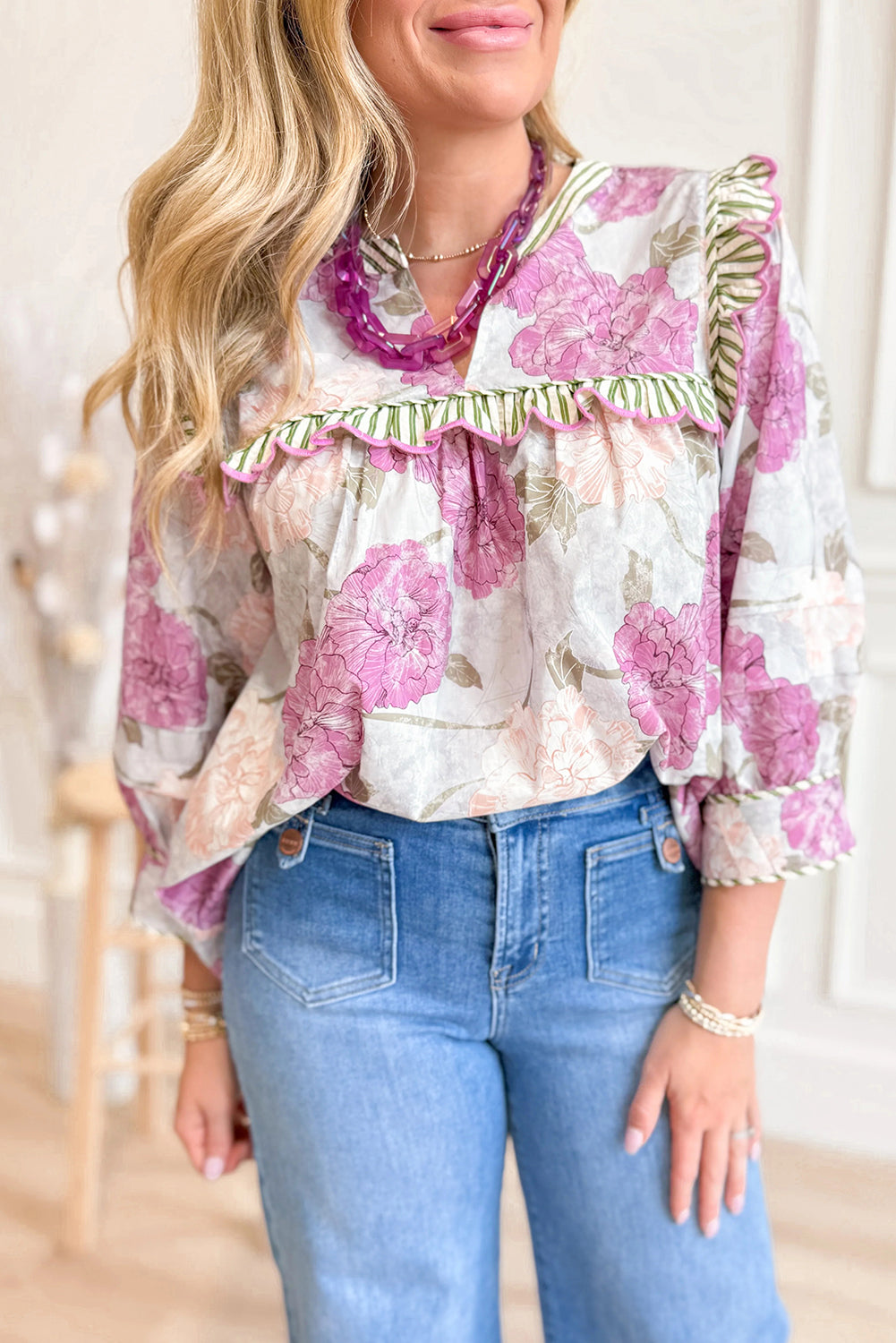 Purple Floral Print Striped Ruffle Contrasted Trim 3/4 Sleeve Blouse