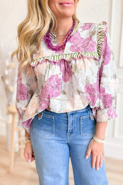 Purple Floral Print Striped Ruffle Contrasted Trim 3/4 Sleeve Blouse