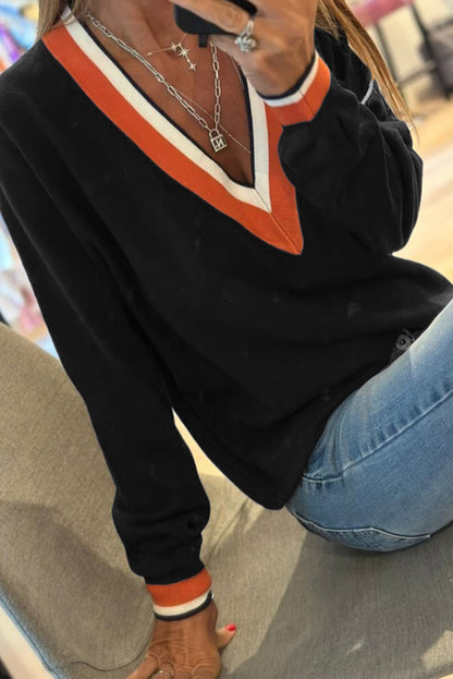 Black Contrast Striped Trim V Neck Varsity Sweater