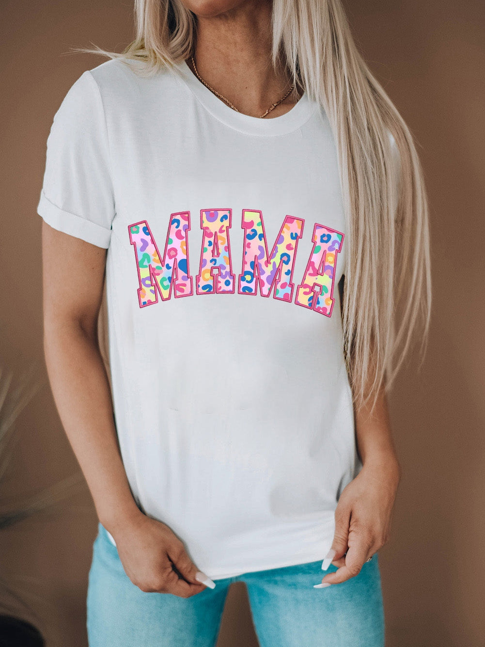 Leopard Embroidered White MAMA Graphic Tee