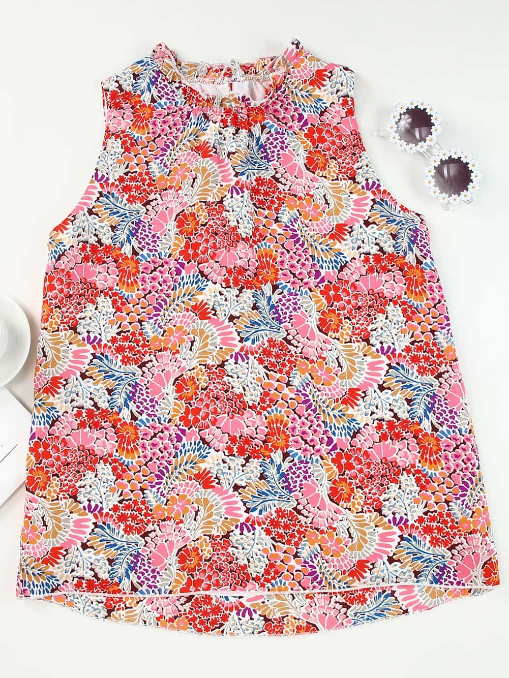Floral Pink Sleeveless Ruffle Tank Top