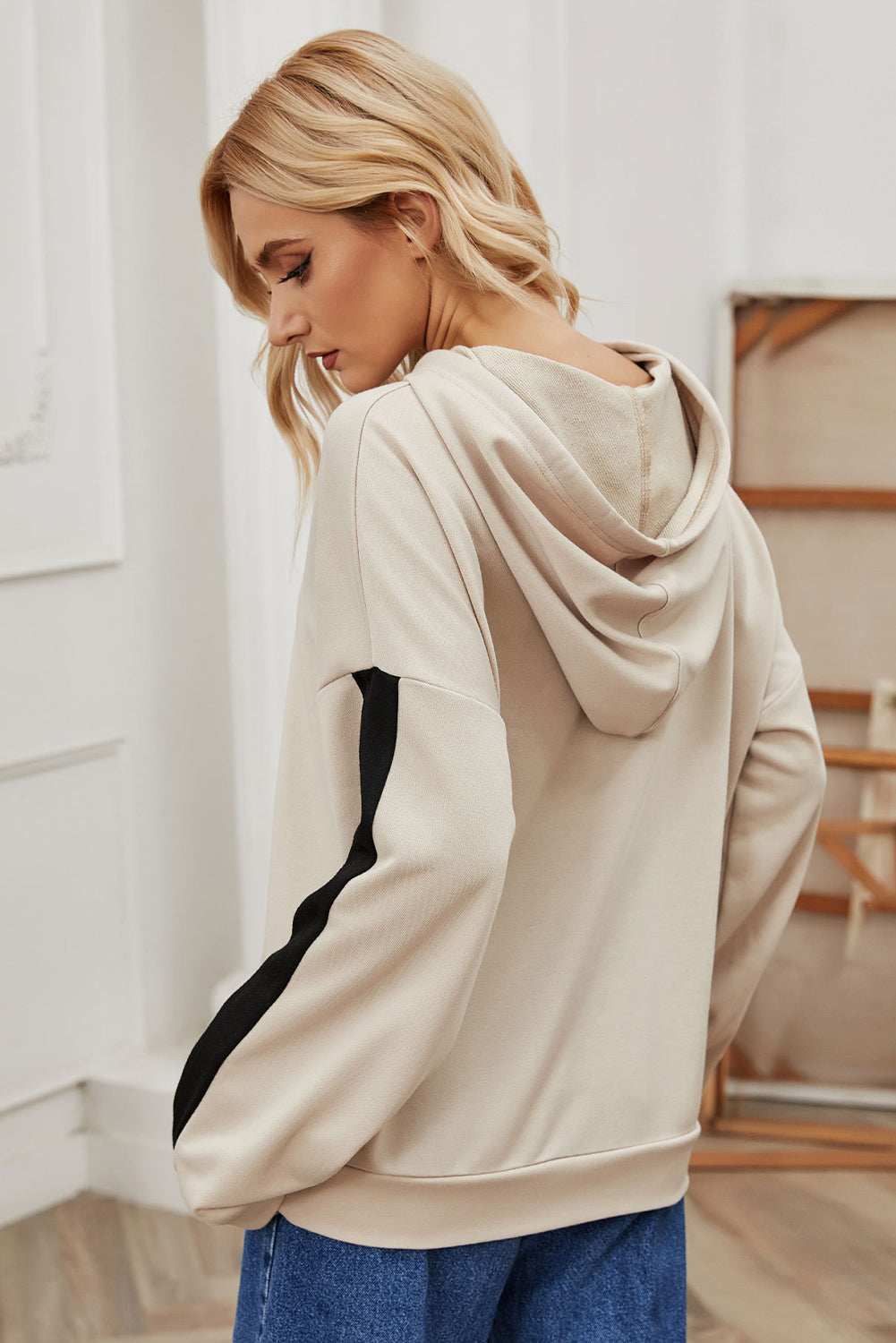 Parchment Contrast Patchwork Sleeve Knot Drawstring Hoodie