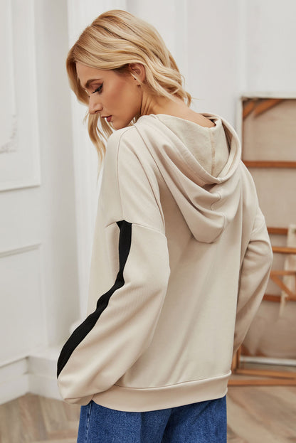 Parchment Contrast Patchwork Sleeve Knot Drawstring Hoodie