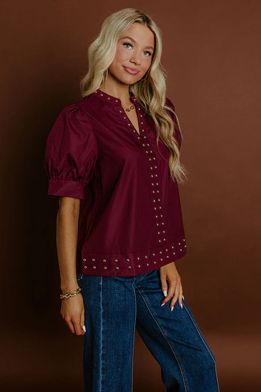 Burgundy Rivet Embellished V Neck Short Puff Sleeve Blouse