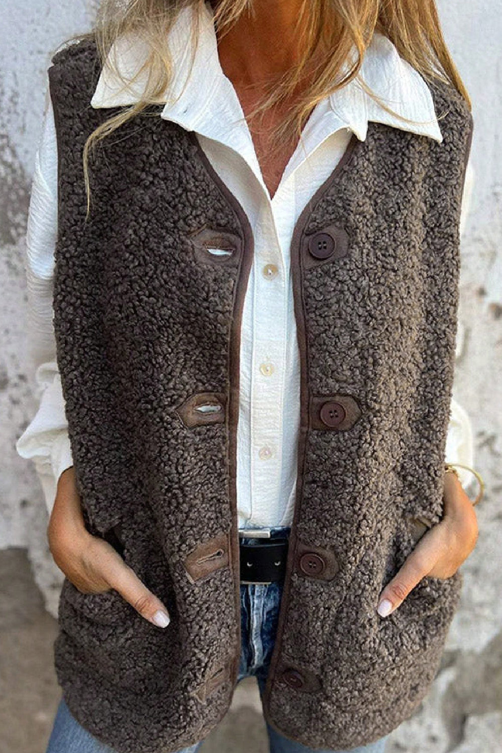 Dark Brown V Neck Button Front Plush Teddy Vest
