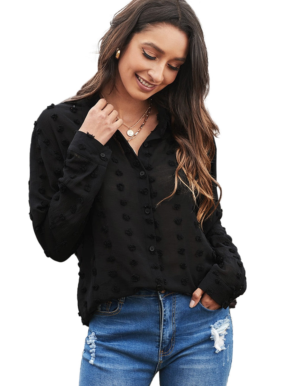 Elegant Black Polka Dot Fuzzy Button-Up Blouse