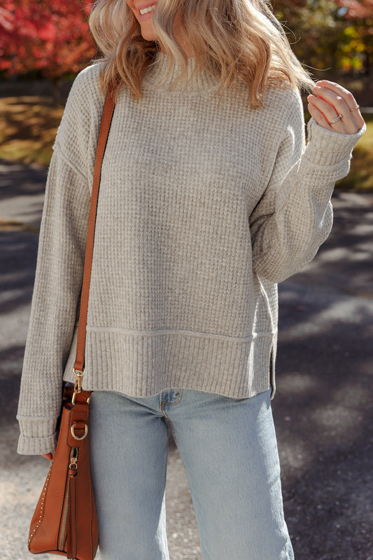 Gray Morn Waffle Texture Knit Ribbed High Neck Drop Shoulder Sweater