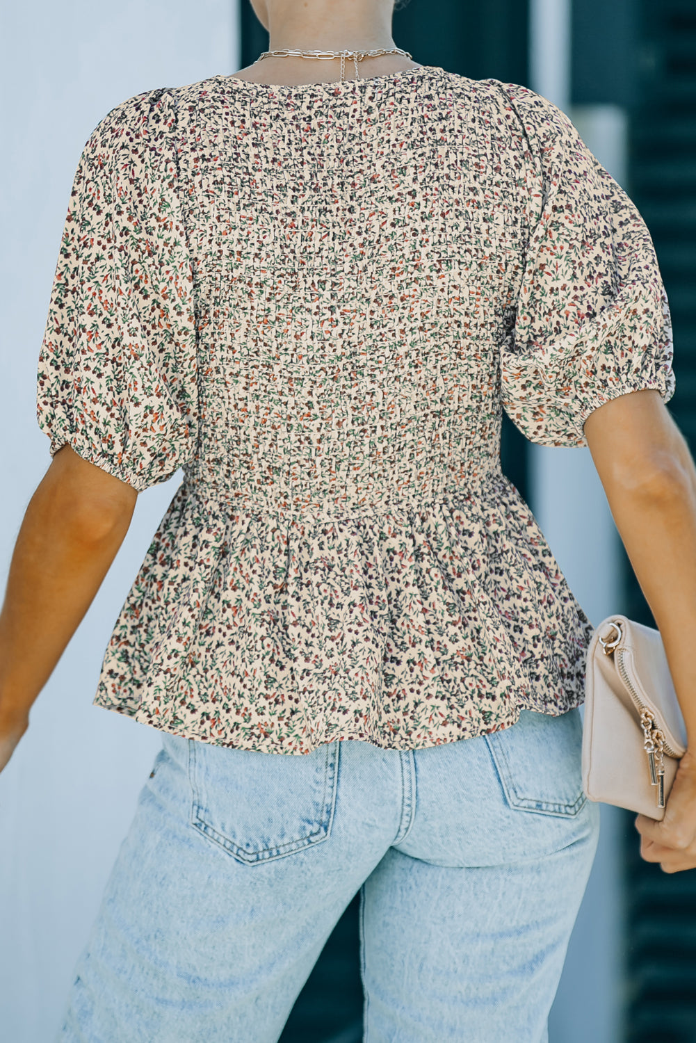 Floral Puff Sleeve Peplum Blouse