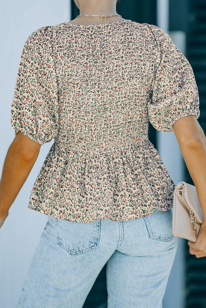Floral Puff Sleeve Peplum Blouse