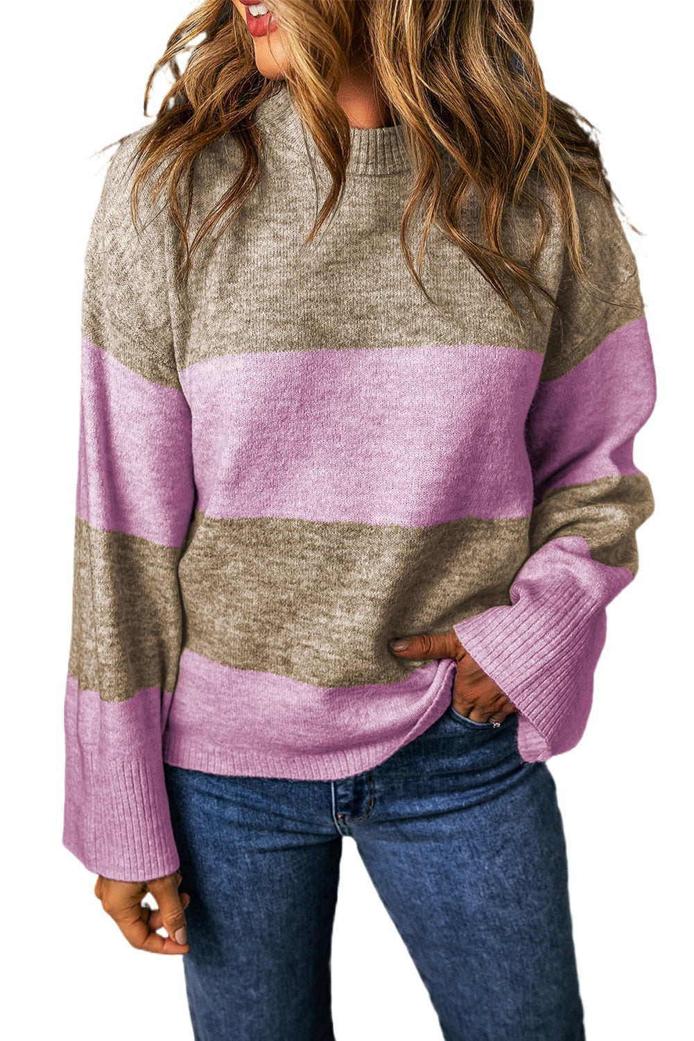 Elevate Pink Color Block Wide Sleeve Knit Sweater