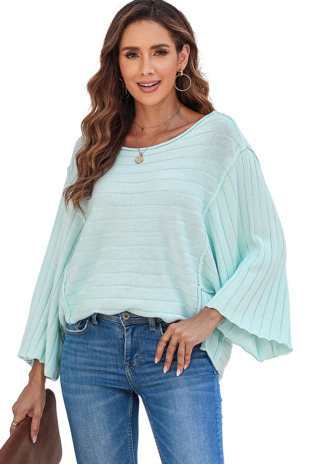 Green Exposed Seam Dolman Sleeve Ribbed Knit Top