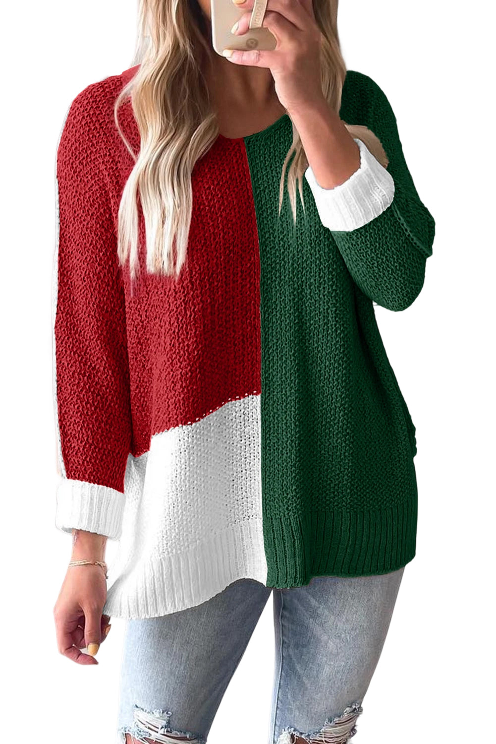 Evergreen Color Block Knit V Neck Loose Sweater