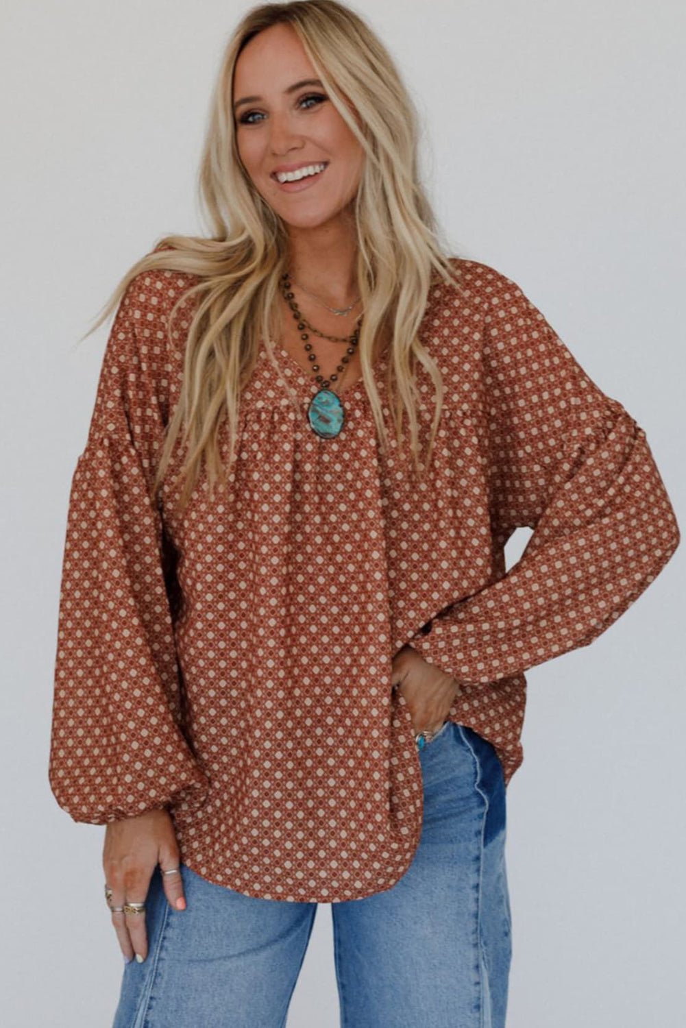 Brown Geometric Printed V Neck Drop Shoulder Puff Sleeve Blouse