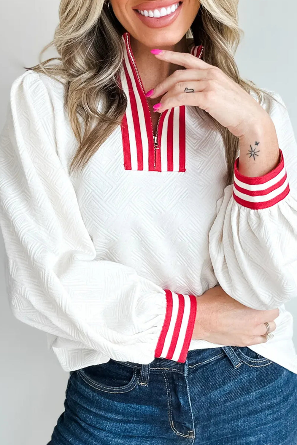 White Textured Knit Contrast Striped Accent Zipped Collar Pullover Top