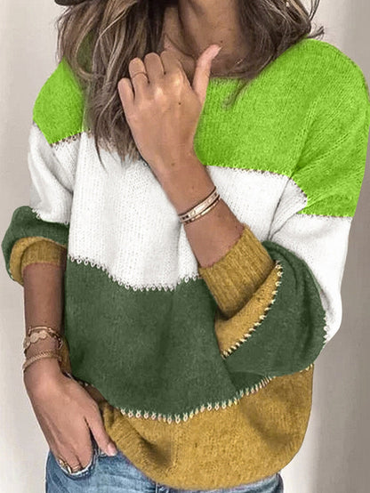 Green Color Block Winter Sweater - Stylish Pullover for Women