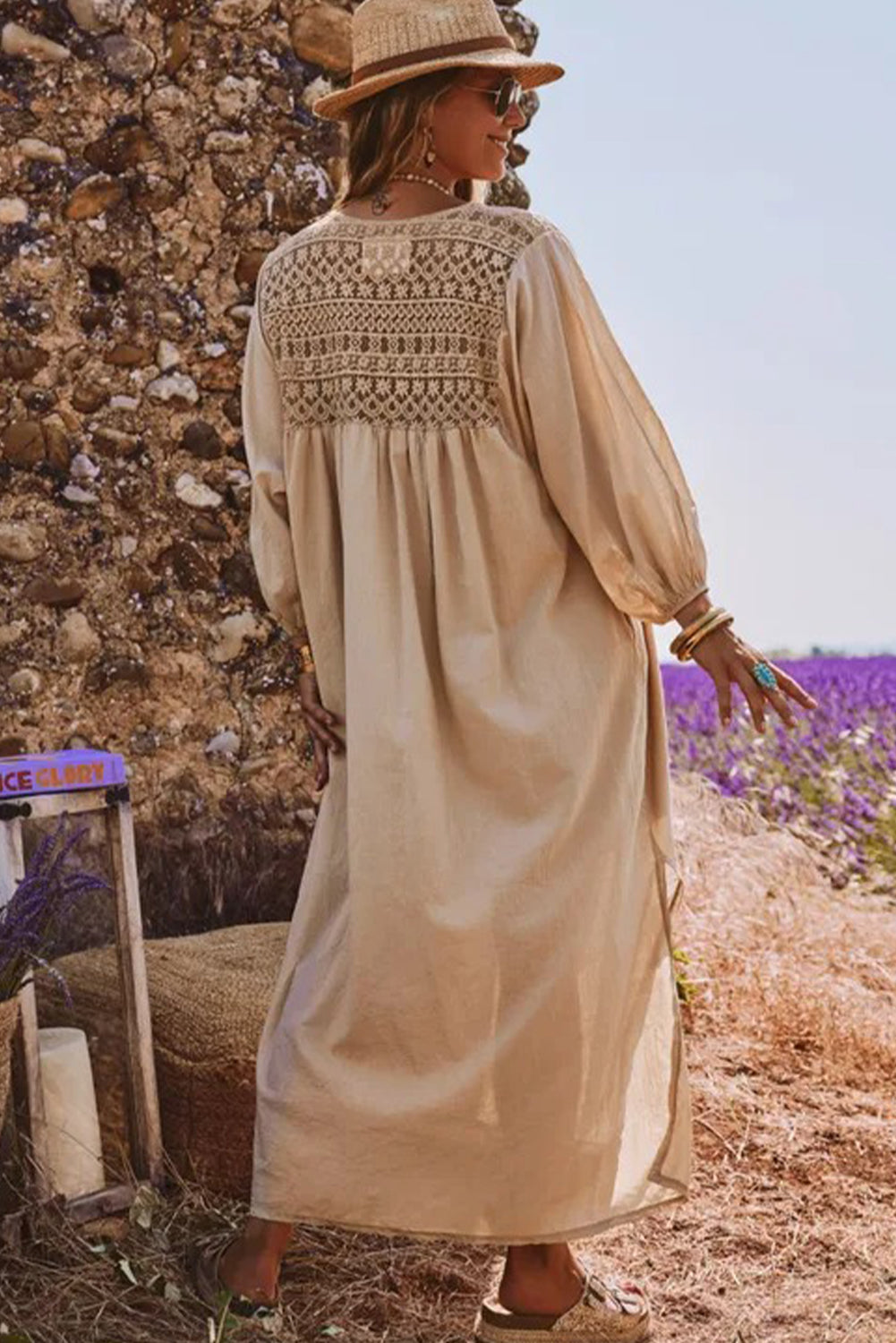 Jet Stream V Neck Lace Patchwork 3/4 Sleeve Long Shift Dress