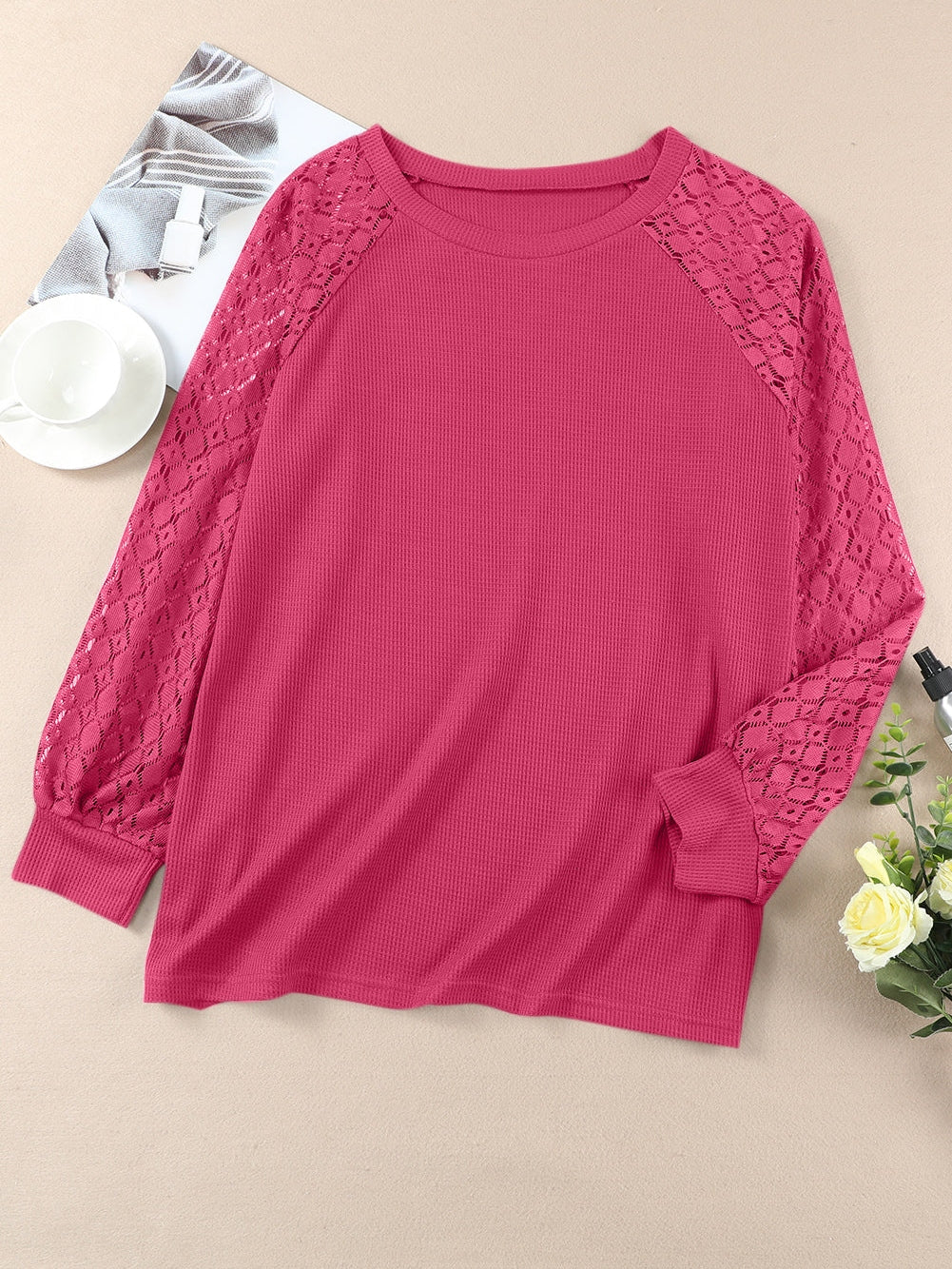 Strawberry Pink Plus Size Contrast Lace Sleeve Waffle Knit Top