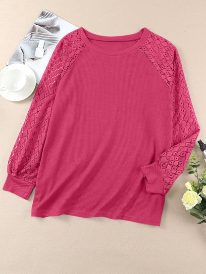 Strawberry Pink Plus Size Contrast Lace Sleeve Waffle Knit Top