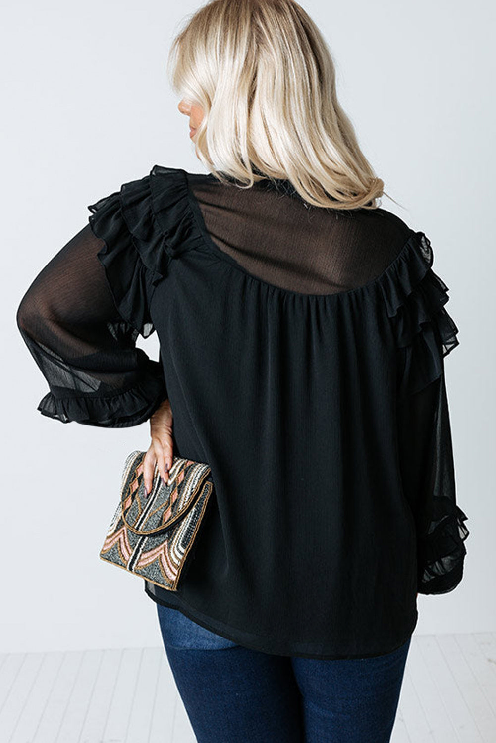 Black Ruffle Balloon Sleeve Chiffon Elegant Plus Size Shirt