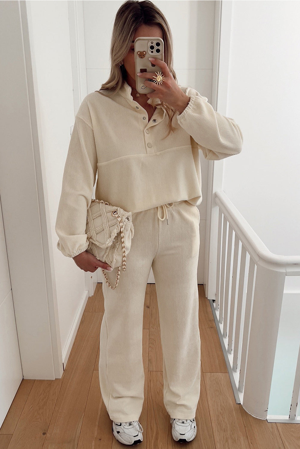 Beige Half Button Pullover Drawstring Pants Solid Color Corduroy 2pcs Outfit