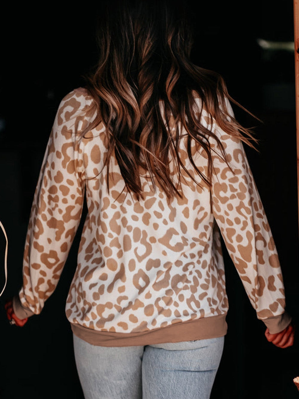 Leopard Print Boat Neck Khaki Plus Size Long Sleeve Top