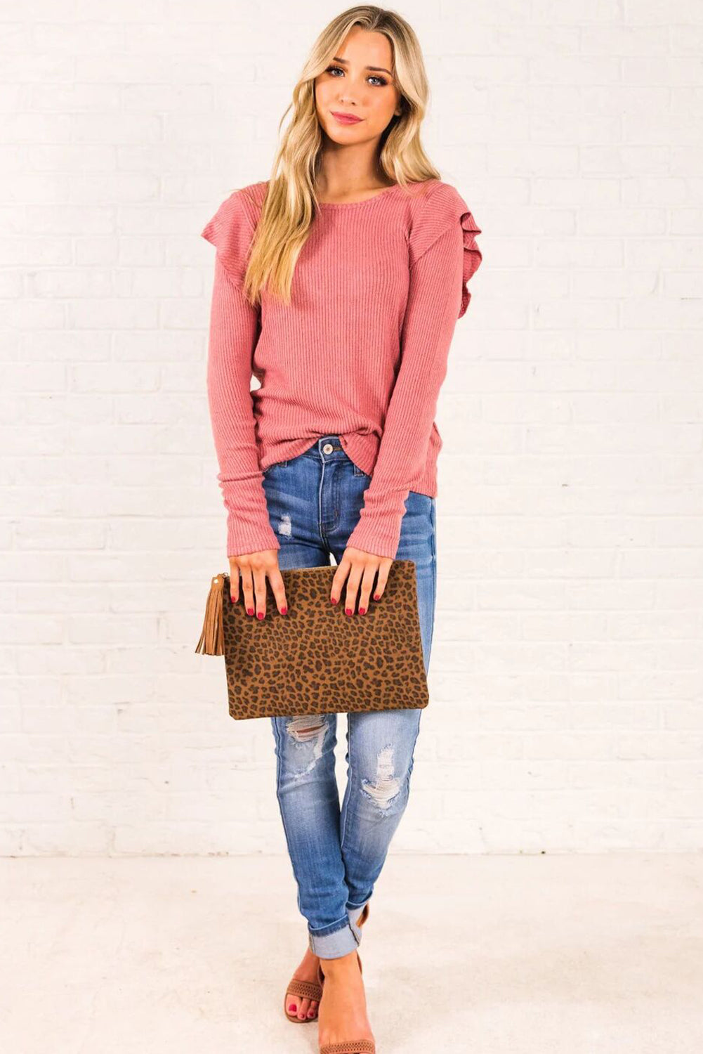 Coral Ribbed Ruffled Round Neck Long Sleeve Knit Top