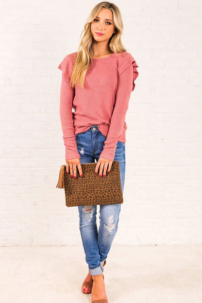 Coral Ribbed Ruffled Round Neck Long Sleeve Knit Top