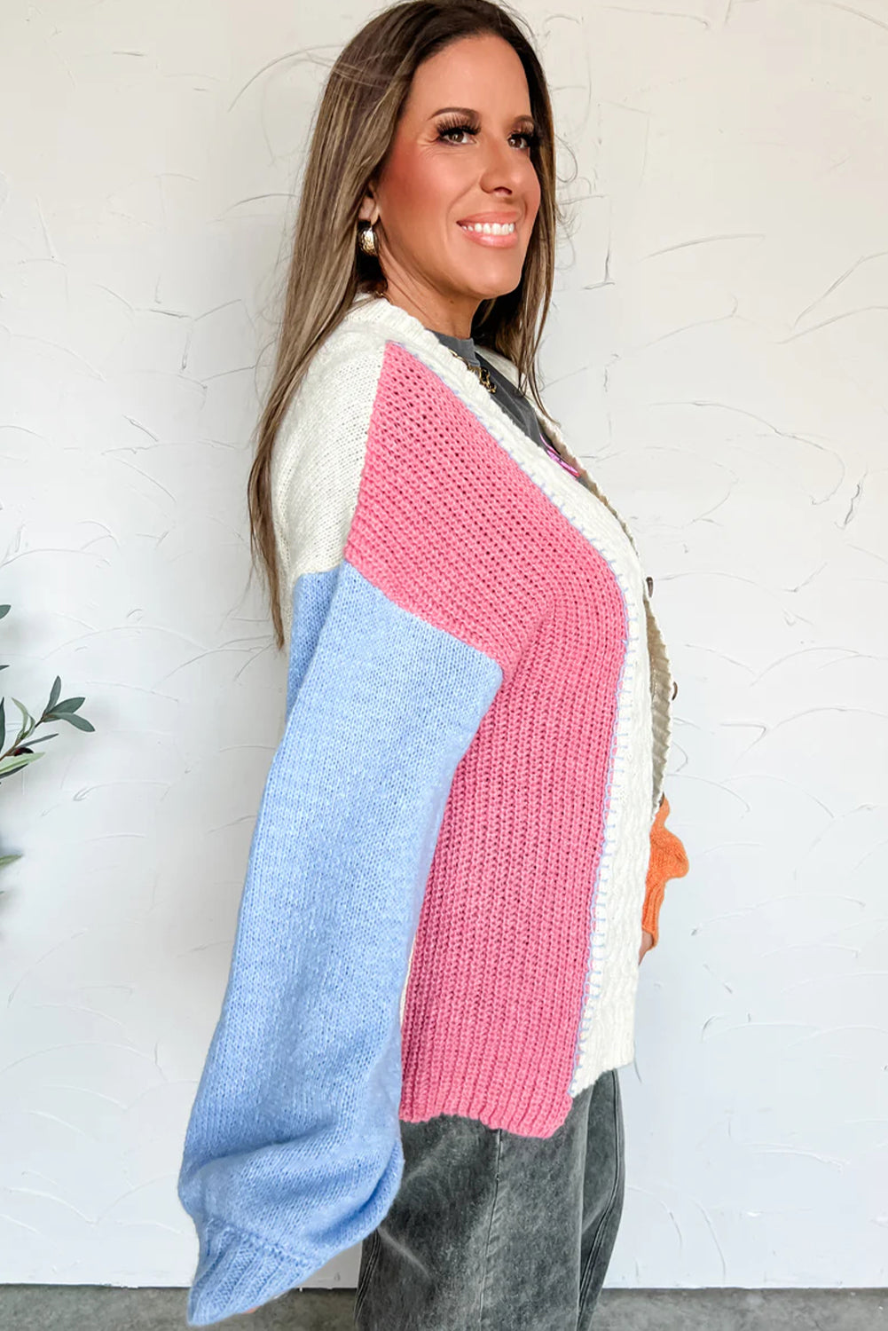 Beige Cable Color Block Knit Button V Neck Drop Shoulder Puff Sleeve Sweater