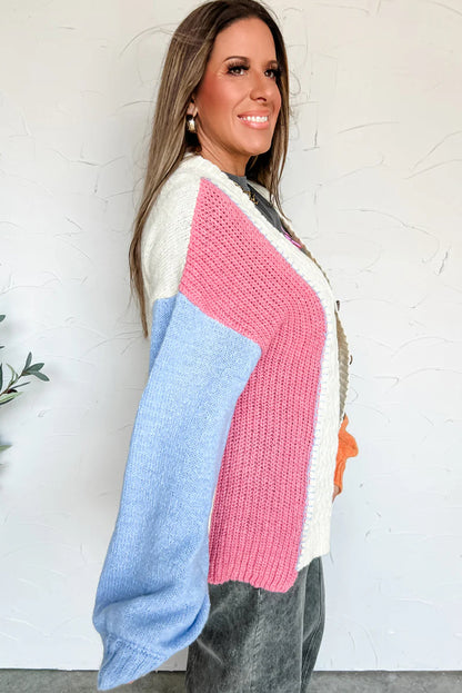 Beige Cable Color Block Knit Button V Neck Drop Shoulder Puff Sleeve Sweater